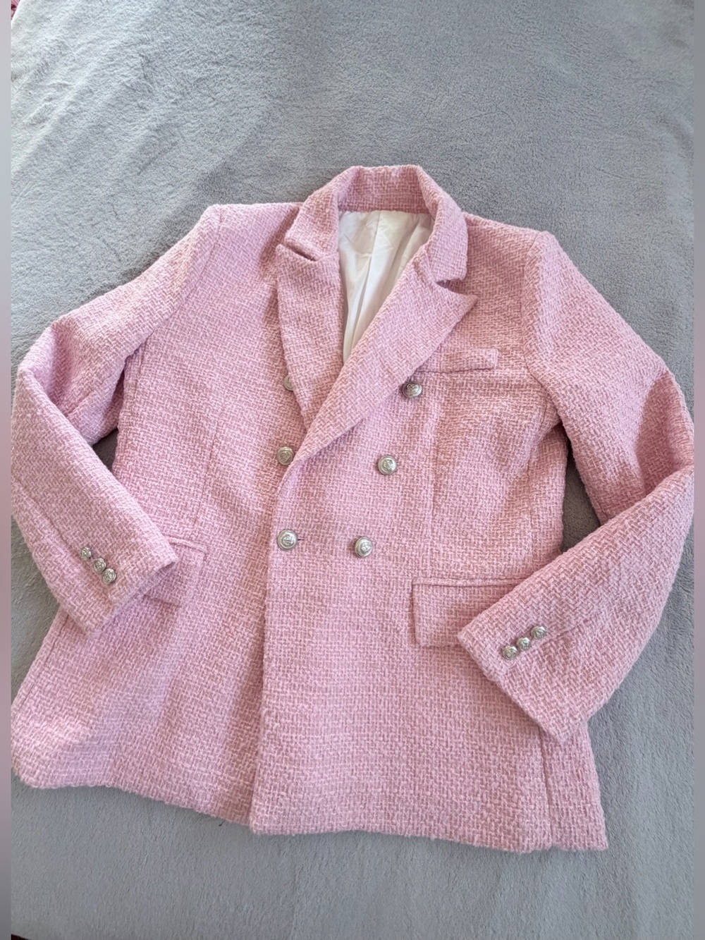 Double-Breasted Pink Tweed Women's Blazer Jacket Size M